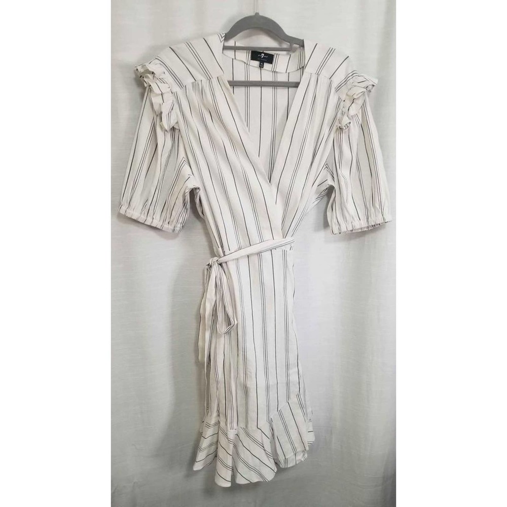 7 For All Mankind Part Linen Ruffle Hem Natural Stripe Dress Size XL - Picture 1 of 7